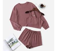 Übergrößen Waffel-Strick Träger Top & Shorts & Oversized T-Shirt Pyjama Set / Schlafanzug Set, Herbst Winter Kleidung, gemütlicher Outfit