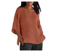 Übergroße Baumwoll Leinen Longshirt Damen 3/4 Ärmeln Oberteile Einfarbig Oversize Tshirt Sommer Tunika Leicht Leinenbluse Atmungsaktiv Longtops Mode Bluse Shirt