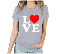 Übergroße T-Shirts für Damen, kurzärmelig, Herz-Top, Valentinstag, Sommer-Shirts, U-Ausschnitt, lässig, bauchfrei, fließend, lange Workout-Tops, lockere Bluse, D Grau, XXL