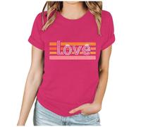 Übergroße T-Shirts für Damen, kurzärmelig, Herz-Top, Valentinstag, Sommer-Shirts, U-Ausschnitt, lässig, bauchfrei, fließend, lange Workout-Tops, lockere Bluse, E Hot Pink, M