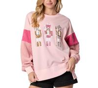Übergroße Weihnachts-Sweatshirts für Damen, lustige Pailletten, Nussknacker, Soldat, Grafik, Schlitz, Rundhalsausschnitt, langärmelig, Pink, Large