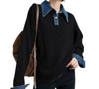 Übergroßer Damen-Pullover, langärmelig, Denim-Panel, Revers, geknöpft, lockerer V-Ausschnitt, Strickpullover, Schwarz, Einheitsgröße