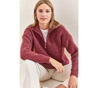 Übergroßer strukturiertes Strickpullover mit Reißverschluss-Kragen S/M