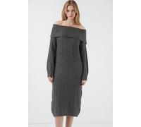 Übergroßes geripptes Strick-Midi-Kleid mit Madonna-Kragen
