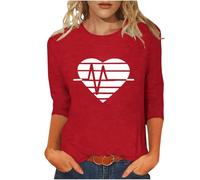 Übergroßes T-Shirt für Damen, 3/4-Ärmel, Herz-Top, Valentinstag, T-Shirt, Rundhalsausschnitt, Sommer-Shirts, lockere Passform, lockere Passform, lässige Blusen für Sport, Yoga, Schlafen, E Rot, S