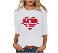 Übergroßes T-Shirt für Damen, 3/4-Ärmel, Herz-Top, Valentinstag, T-Shirt, Rundhalsausschnitt, Sommer-Shirts, lockere Passform, lockere Passform, lässige Blusen für Sport, Yoga, Schlafen, E Weiß, XXL