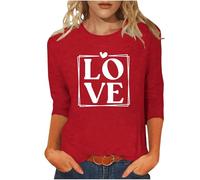 Übergroßes T-Shirt für Damen, 3/4-Ärmel, Herz-Top, Valentinstag, T-Shirt, Rundhalsausschnitt, Sommer-Shirts, lockere Passform, lockere Passform, lässige Blusen für Sport, Yoga, Schlafen, G Rot, XL