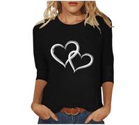 Übergroßes T-Shirt für Damen, 3/4-Ärmel, Herz-Top, Valentinstag, T-Shirt, Rundhalsausschnitt, Sommer-Shirts, lockere Passform, lockere Passform, lässige Blusen für Sport, Yoga, Schlafen, A Schwarz, L
