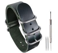 uEmoh Einteiliges Uhrenarmband im Nato-Stil, echtes Uhrenarmband für Herren und Damen, 14 mm, 16 mm, 18 mm, 20 mm, 22 mm, 24 mm, genarbtes Rindsleder, 22 mm, grün/silberne Schnalle