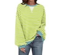 UEU Gestreiftes Oversize-Sweatshirt für Damen, Farbblock, Rundhalsausschnitt, langärmelig, modisch, trendig, adrett, Grün Aprikose gestreift, L