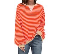 UEU Gestreiftes Oversize-Sweatshirt für Damen, Farbblock, Rundhalsausschnitt, langärmelig, modisch, trendig, adrett, Orange Pink gestreift, Groß