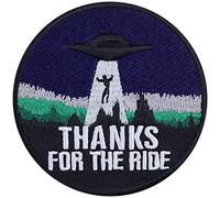 UFO Aufnäher Alien Aufbügler Patch Biker "Thanks for the ride" lustige Bügelbilder zum aufnähen |Conspiracy Sci-Fi Applikation für Jacken/Leder/Jeans/Taschen | 75x75mm