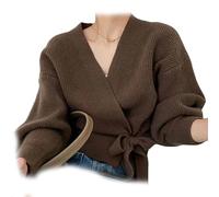 UFZKOOEP Kurzer Wickelpullover für Damen, V-Ausschnitt-Kurzpullover, Rippstrickpullover-Oberteil (Brown,One Size)