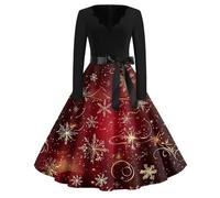 Ugly Christmas Dress V-Ausschnitt, Norweger Kleid, Santa Weihnachtskleidung Mädchen, Langarm, A-Linie, Party Wintermode Damen Silvester Christmas Sweater Wein L