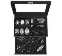 Uhren- und Sonnenbrillenbox mit Glasdeckel - Schmuckkasten für Herren, 6 Fächer, 2 Ebenen, Uhrenetui mit Schloss, Aufbewahrungsbox & Display - Geschenk für Männer und Frauen