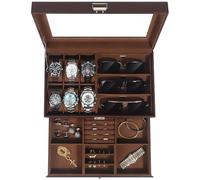 Uhren- und Sonnenbrillenbox mit Glasdeckel - Schmuckkasten für Herren, 6 Fächer, 2 Ebenen, Uhrenetui mit Schloss, Aufbewahrungsbox & Display - Vatertagsgeschenk, Geschenk für Männer