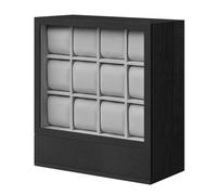 Uhrenbox 12 Fächer, Uhrenkasten mit Fenster, Uhren-Präsentation, Massivholzfurnier, Samtfutter, vertikale Aufbewahrung, platzsparend, Geschenkidee, Eb