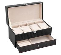 Uhrenbox 4 Uhren Fächer Watch Box Uhrenkasten Uhren Aufbewahrungsbox Schmuckkasten Schwarz Schmuckschatulle für Herren Damen Uhren Organizer Uhrenschatulle Uhrenkoffer Uhrenschachtel