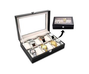 Uhrenbox, Aufbewahrungsbox, Uhrendisplay, Uhrenbox, 12 Fächer, Schwarz/Sand