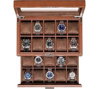 Uhrenbox aus Leder mit 20 Fächern, luxuriöses Uhrengehäuse, Schmuck-Organizer, verschließbarer Uhren-Vitrinen-Halter mit großer Echtglas-Oberseite, Uhrenbox, Organizer für Damen und Herren