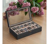 Uhrenbox aus Massivholz, mit Glasdeckel und 12 Fächern, Geschenkidee