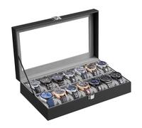 Uhrenbox aus PU Leder mit Glasdeckel und 14 Fächern