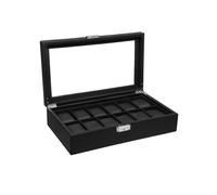 SONGMICS Uhrenbox mit 12 FÄchern, großer Uhrenkasten mit Glasdeckel, mit PU-Bezug, Samt-Innenfutter, Metallverschluss, tolles Geschenk fÜr die Liebsten, 36,2 x 9 x 21,3 cm, schwarz, JWB302H