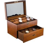 Uhrenbox für Herren, 20 Schlitze, Massivholz, Uhrengehäuse, Aufbewahrungs-Organizer mit Glasdeckel, Retro-Doppelschicht-Uhrenhalter für Sammlung