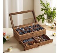 Uhrenbox mit 12 Fächern, Uhrenkasten aus Massivholz, mit Glasdeckel
