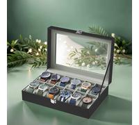 Uhrenbox mit 12 Fächern, Uhrenkasten, Glasdeckel,