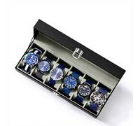 Uhrenbox mit 6 Fächern, Glasdeckel, herausnehmbare Kissen, Metallschließe, Geschenk, schwarzes Kunstleder