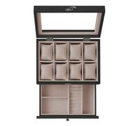 Uhrenbox mit 8 Fächern, Uhrenkasten aus Massivholz, mit Glasdeckel, Uhrenkissen, Schmuckaufbewahrung, Geschenk für Ihre Liebsten, ebenholzschwarz