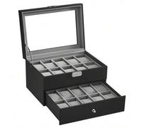 Uhrenbox, Uhrenkasten mit Glasdeckel, 2 Ebenen, Uhrenkoffer mit herausnehmbaren Uhrenkissen, Uhrenschatulle, Geschenkidee, PU-Bezug in Schwarz, Samtfu