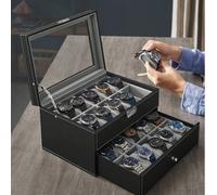 Uhrenbox, Uhrenkasten mit Glasdeckel, 2 Ebenen, Uhrenkoffer mit herausnehmbaren Uhrenkissen, Uhrenschatulle, Geschenkidee, PU-Bezug in Schwarz, Samtfu