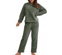 UIILO Schlafanzug Pyjama,Damen Winter Warme Fleece Schlafanzug Flauschig Rundhals Sweatshirt Oberteile Einfarbig Plüsche Hose,Schlafen Nachtwäsche Zweiteilig mit Taschen,Winter Warm Anzug Set(Grün,L)
