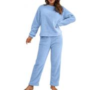 UIILO Schlafanzug Pyjama,Damen Winter Warme Fleece Schlafanzug Flauschig Rundhals Sweatshirt Oberteile Einfarbig Plüsche Hose,Schlafen Nachtwäsche Zweiteilig mit Taschen,Winter Warm Anzug Set(Blau,M)