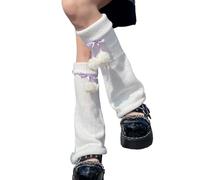 uikios Gestrickte fußlose lange Socken für kaltes Wetter, unverzichtbar mit pelzigen Kugelschleifen, Thermo-Beinstulpen, Stiefelüberzüge für Damen, Acryl, Thermo-Beinstulpen für Damen, Weiße Socken