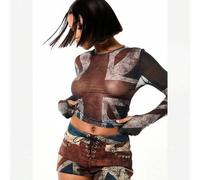UK Flaggen-Muster Langarm figurbetonte Crop Top Mesh halb transparent im Vintage-Stil für Herbst und Winter als Layering-Piece