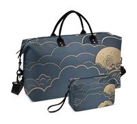 Ukiyo-e Reisetasche mit Kulturbeutel für Sport, großes Fassungsvermögen, Blau / Gold, Wellen-Design, Ukiyo-e, 1 Größe, Ukiyo-e in Blau und Gold, 1 size