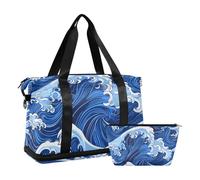 Ukiyo-e Sporttasche mit japanischer blauer Welle, Wochenendreise, Übernachtungstasche mit Kulturbeutel für Fitnessstudio, 2-teiliges Set, japanische blaue Welle, Ukiyo-e, 1 Größe, Japanese Blue Wave