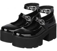 Ulalaza Damen Schuhe Mary Jane Plateau Lolita Gothic Sweet Toe Knöchel Pumps Chunky Plateauschuhe Lackleder 39 EU Schwarz