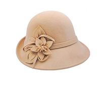 Ulalaza Damen Winter Wolle Filz Cloche Hut mit breitem Rand, Retro Blume Bowknot Vintage Eimer Hut für Damen in 2-light tan