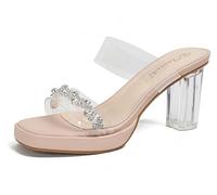 Ulalaza Frauen PVC klare Sandalen transparent Stiletto sexy Strassbugfäster Offener Knöchelriemen Stiletto funkeln