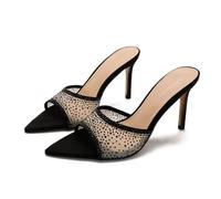 Ulalaza Frauen PVC klare Sandalen transparent Stiletto sexy Strassbugfäster Offener Knöchelriemen Stiletto funkeln