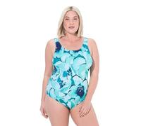 Ulla Popken Damen große Größen Übergrößen Plus Size Badeanzug, Blätter, ohne Softcups, tiefer Rücken Petrol 52 838170769-52