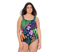 Ulla Popken Damen große Größen Übergrößen Plus Size Badeanzug, Blüten, 4er-Träger, Softcups, recycelt schwarz 44 837673100-44
