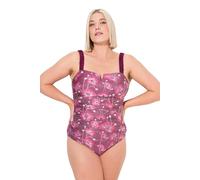 Ulla Popken Damen große Größen Übergrößen Plus Size Badeanzug, Blüten, Geraffte Träger, Softcups, recycelt Purpur 58 835903541-58