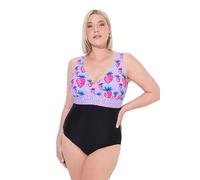 Ulla Popken Damen große Größen Übergrößen Plus Size Badeanzug, Erdbeeren, Zierband, Softcups, recycelt schwarz 54 836833100-54