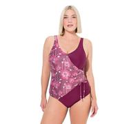 Ulla Popken Damen große Größen Übergrößen Plus Size Badeanzug, Glitzerblüten, Wickeloptik, Softcups, recycelt Purpur 60 835902541-60