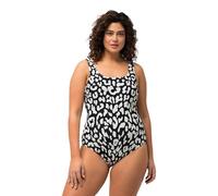 Ulla Popken Damen große Größen Übergrößen Plus Size Badeanzug, Leomuster, ohne Softcups, Rundhals schwarz 54+ 827226100-54+